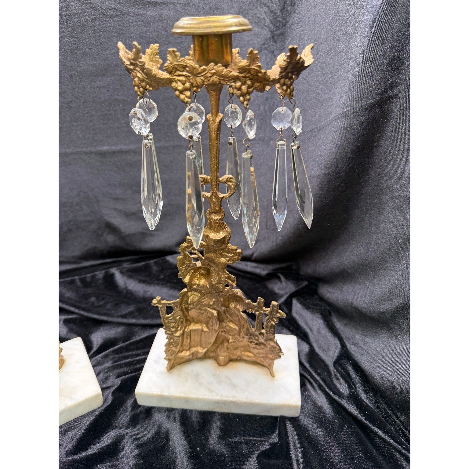 Antique Victorian Figural Girandole Candlesticks Pair Marble Crystal Prisms