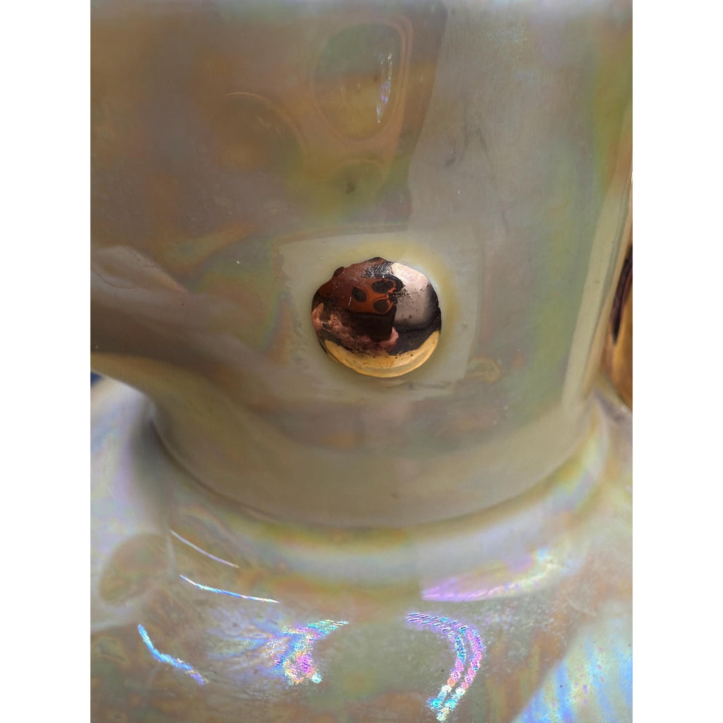 Vintage Art Pottery Ewer – Iridescent Bird Form Vase with 22K Gold Handle (USA)