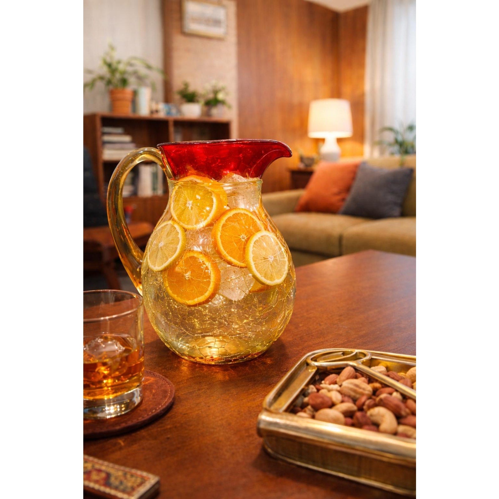 Hand Blown Amber Red Crackle Glass Pitcher – Mid-Century Modern Art Glass