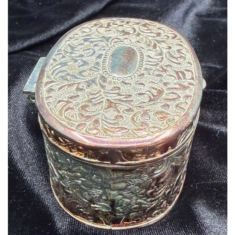 Vintage Silver Tone Jewelry Casket Red Satin Lined Oval Trinket Keepsake Box