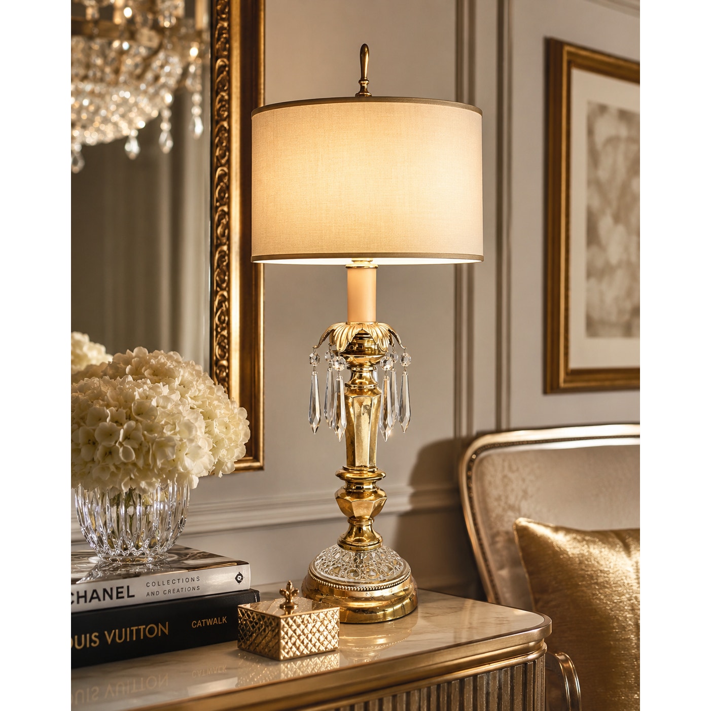 Vintage Hollywood Regency Brass & Crystal Prism Buffet Table Lamp