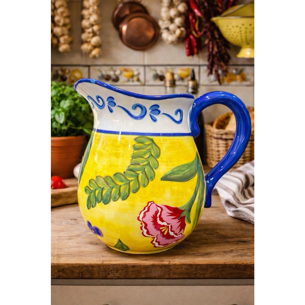 Saporma Italy Hand Painted Ceramic Pitcher Tuscan Floral Vase Yellow Blue