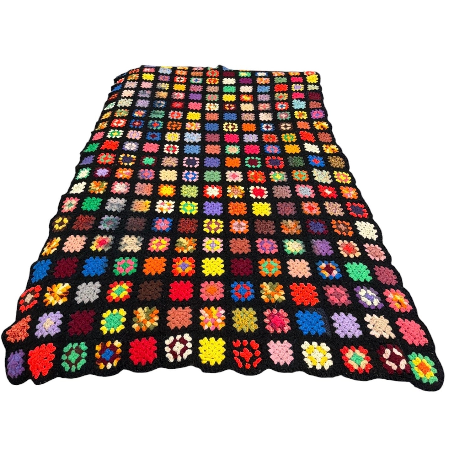 Vintage Handmade Granny Square Afghan Throw Black Crochet Blanket 78 x 52