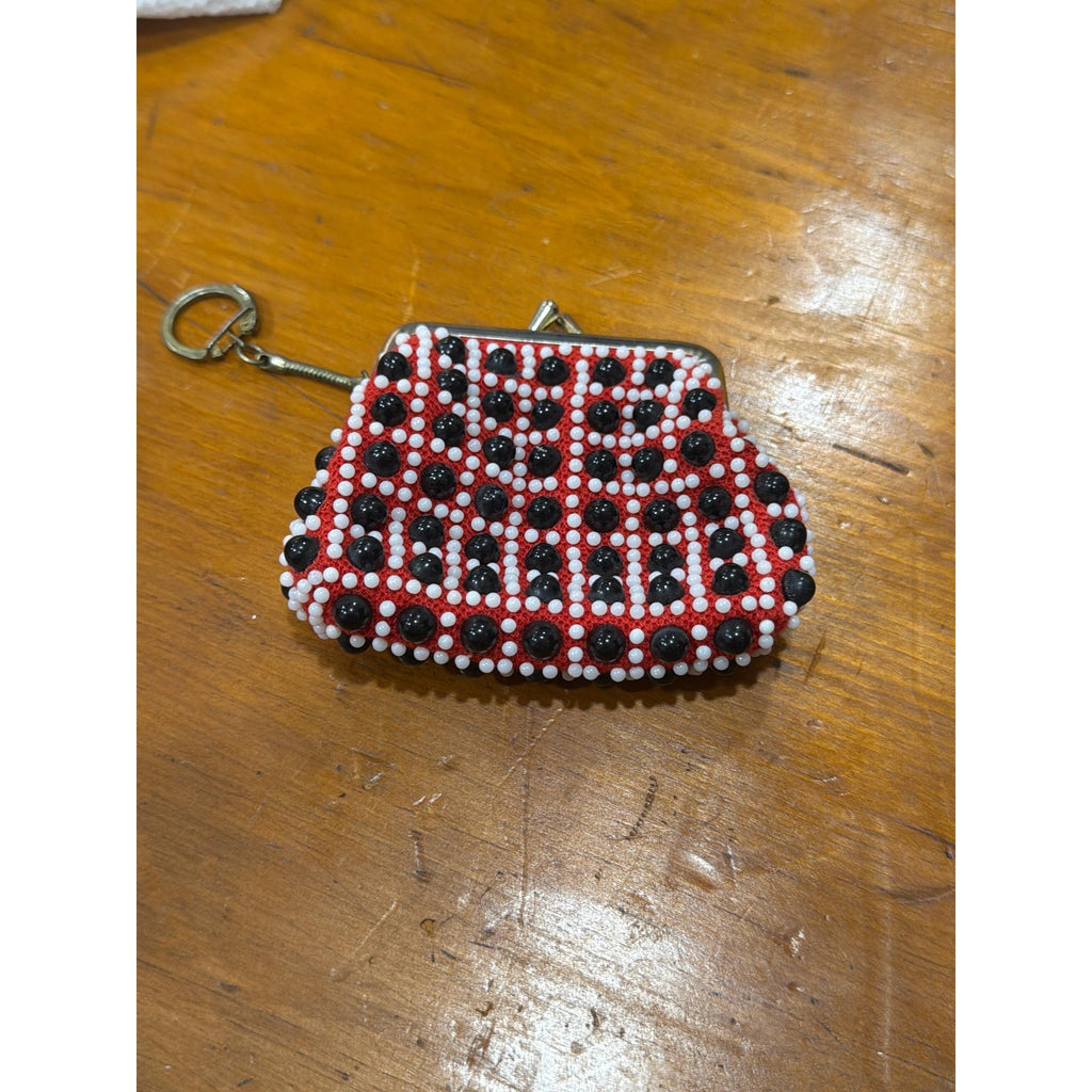 Vintage Beaded Coin Purse Keychain Red Black White Retro Kiss Lock Mini Pouch