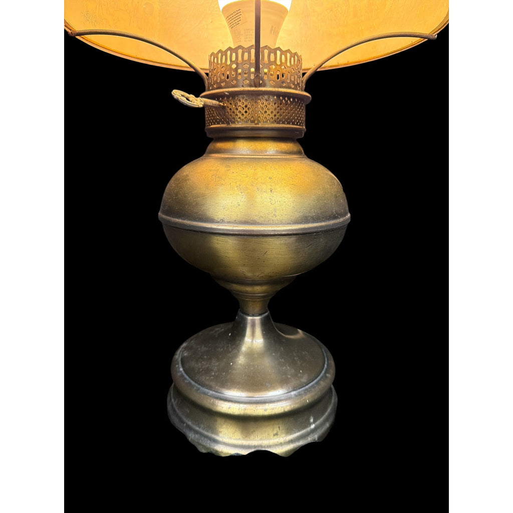 Antique Hand Painted Opal Glass Lamp Brass Electric Oil Lamp 21"