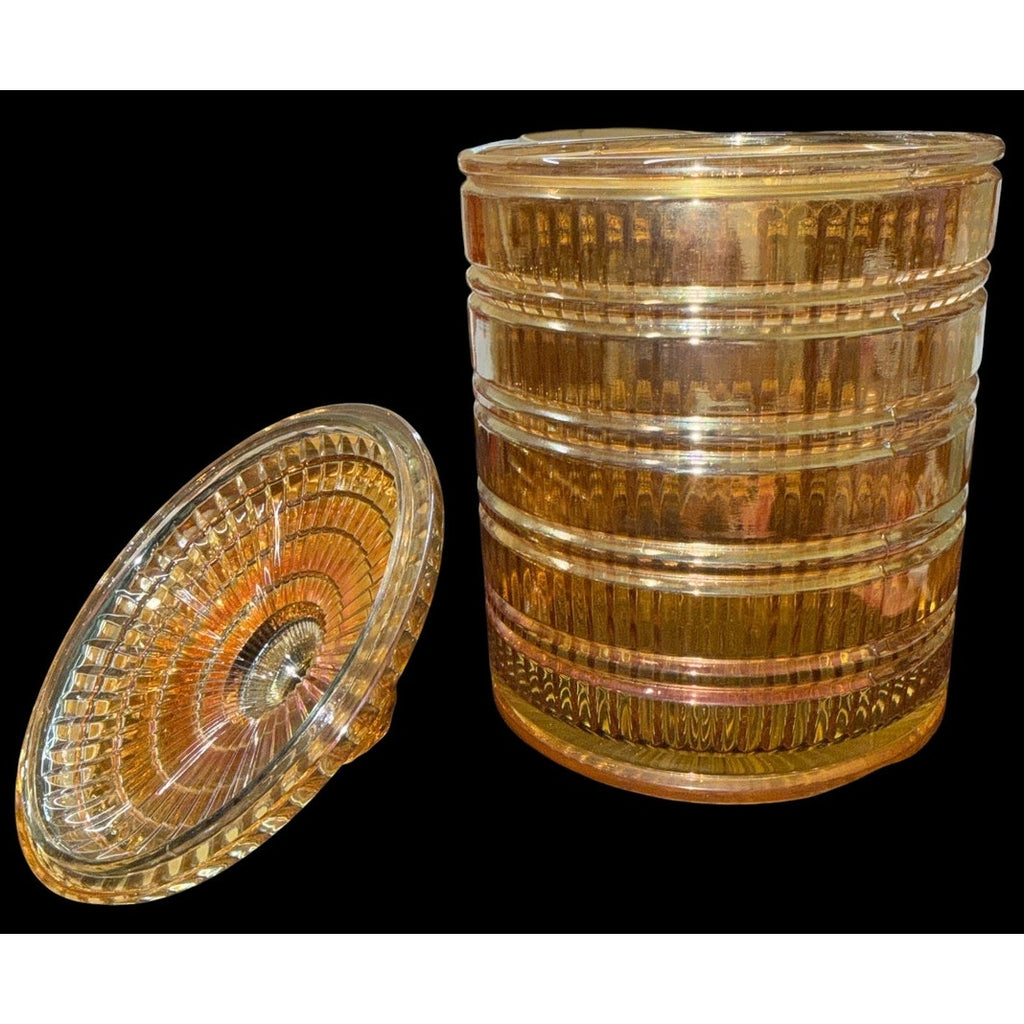 Exceptional Vintage Peach Carnival Glass Biscuit Jar Jeannette Attributed 9.5"