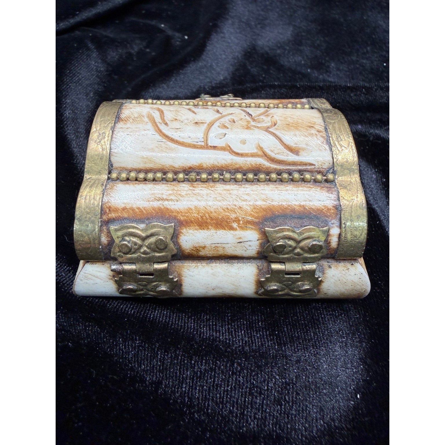 Vintage Carved Bone Brass Trinket Box Purple Velvet Lined Jewelry Box