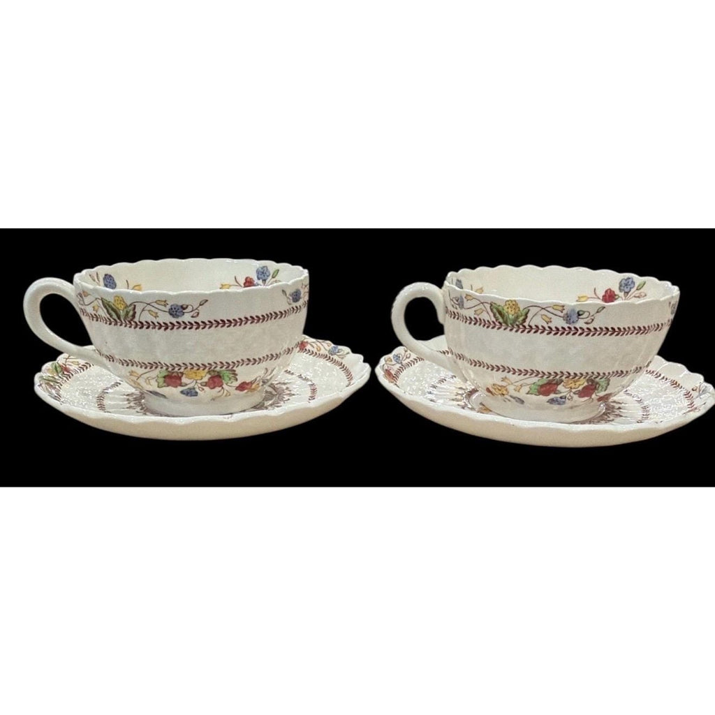Spode Copeland Cowslip S713 Teacups & Saucers Pair England Bone China Floral Vintage