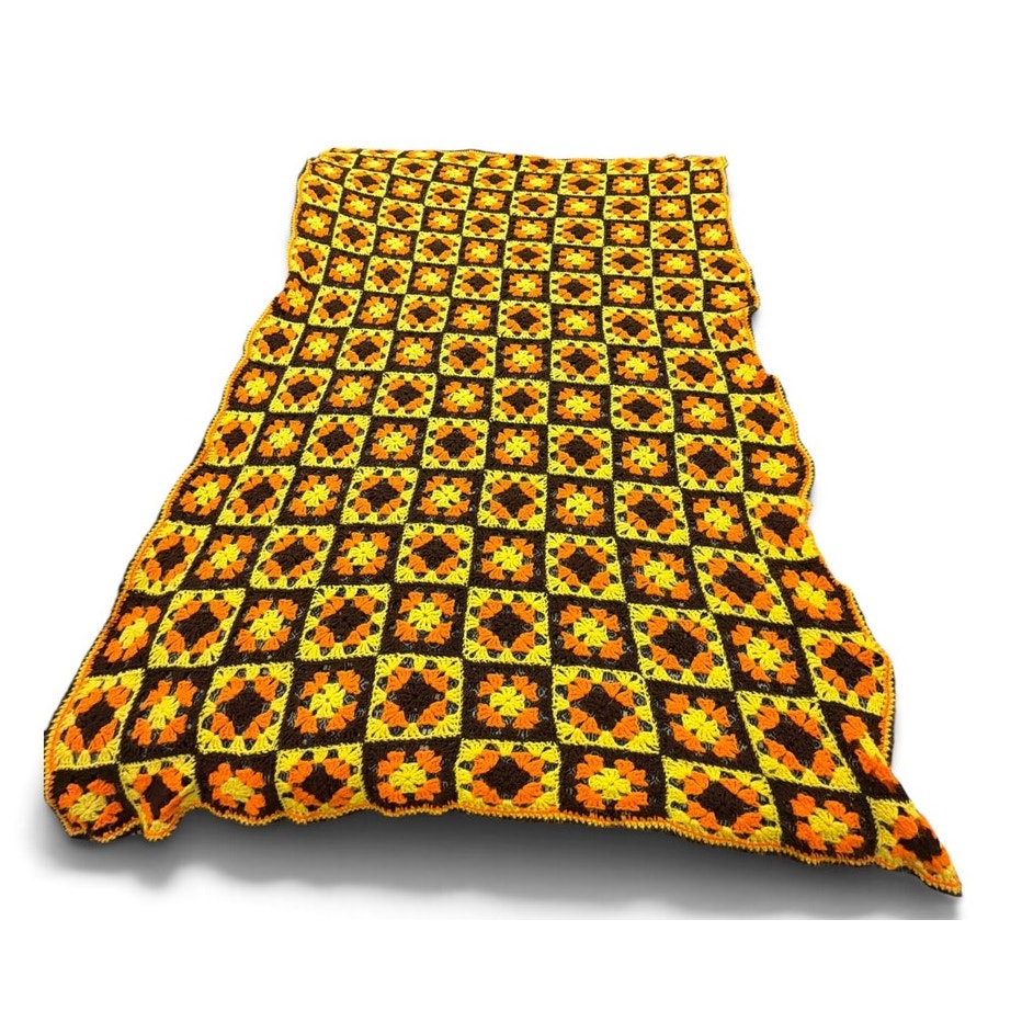 Vintage 1970s Granny Square Afghan Orange Brown Yellow Crochet 72 x 52