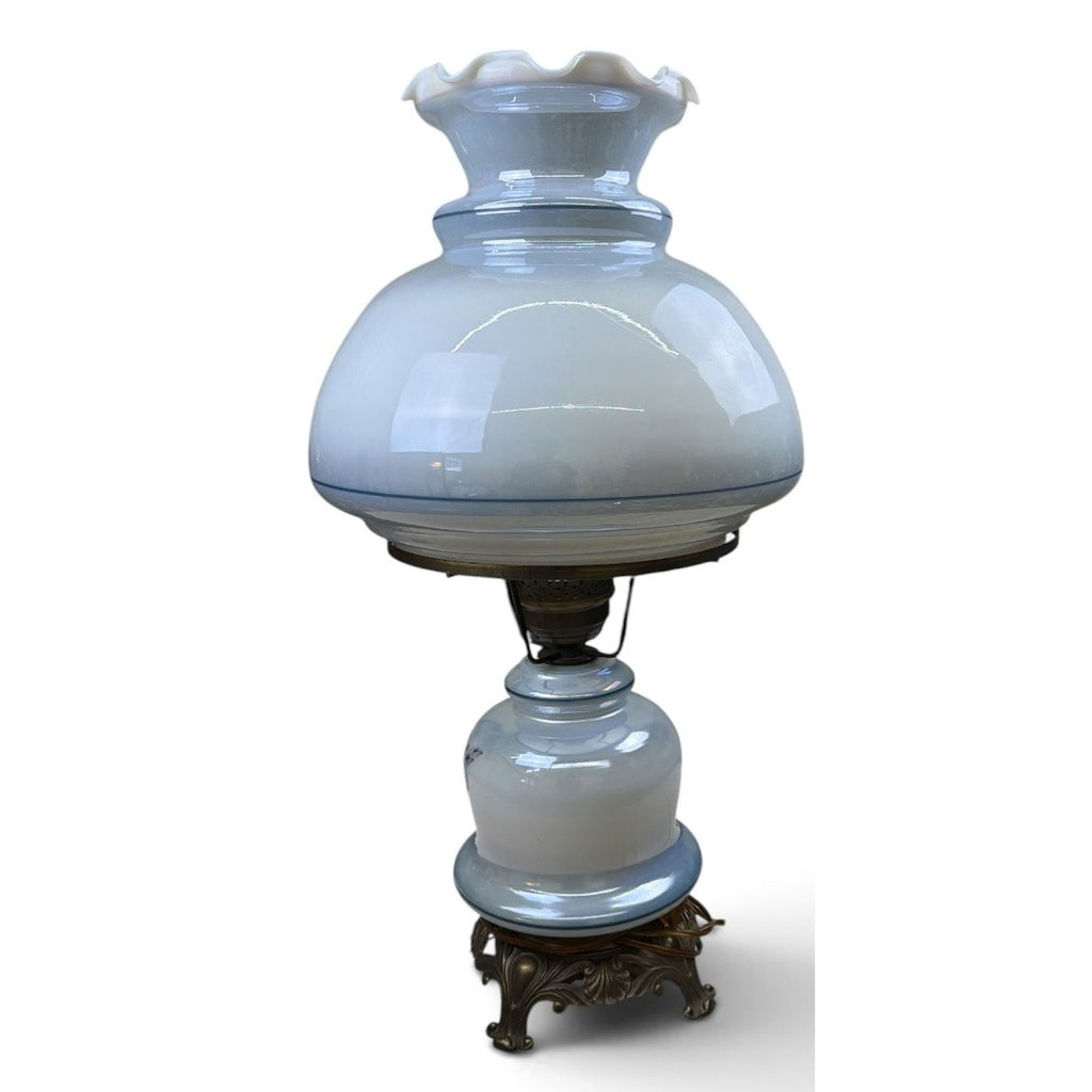 Vintage Blue Floral Hurricane Table Lamp Dual Light 27" Gone With the Wind Style