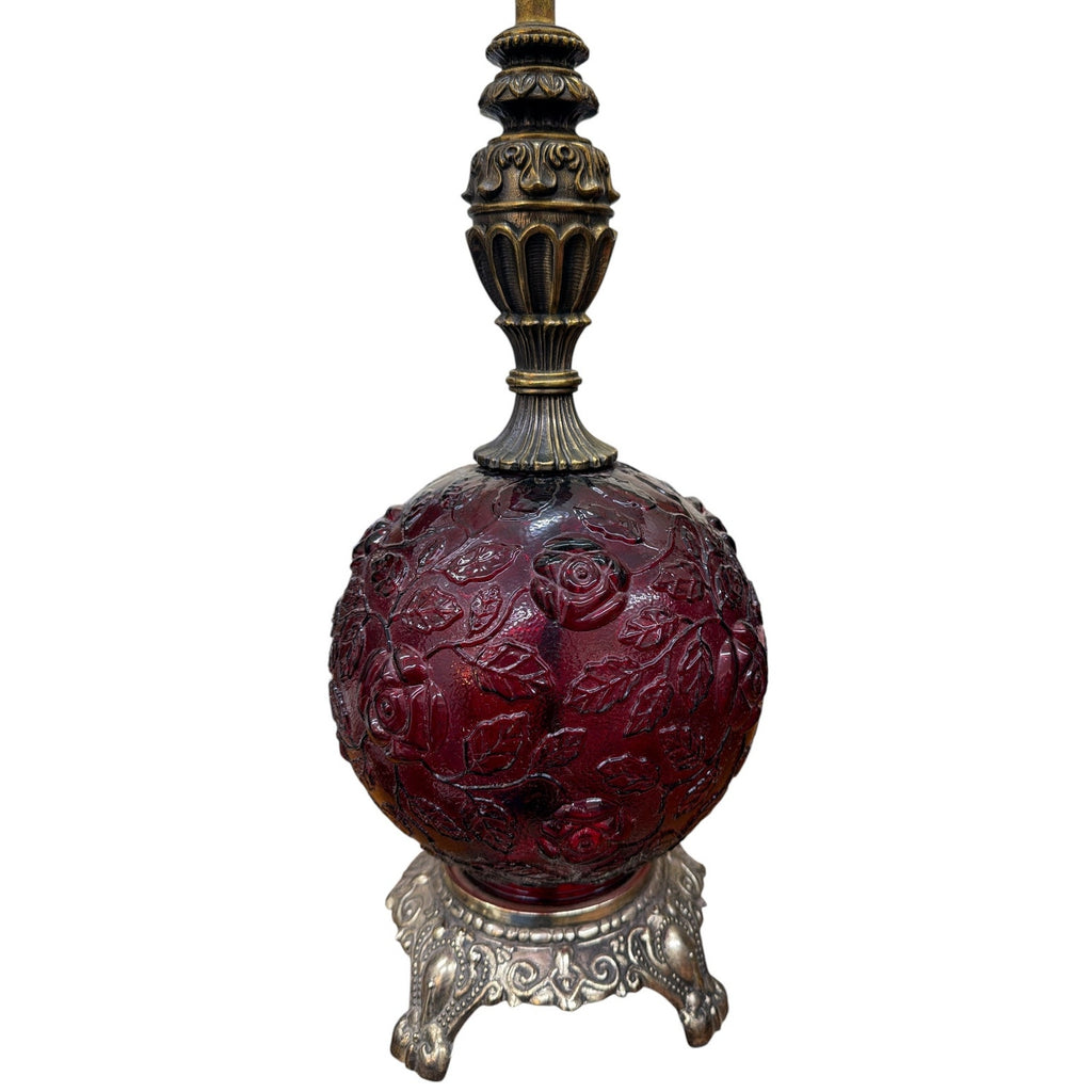 Pair Vintage Ruby Red Glass 3-Way Table Lamps Lighted Bases Roses 28" – additional view 5