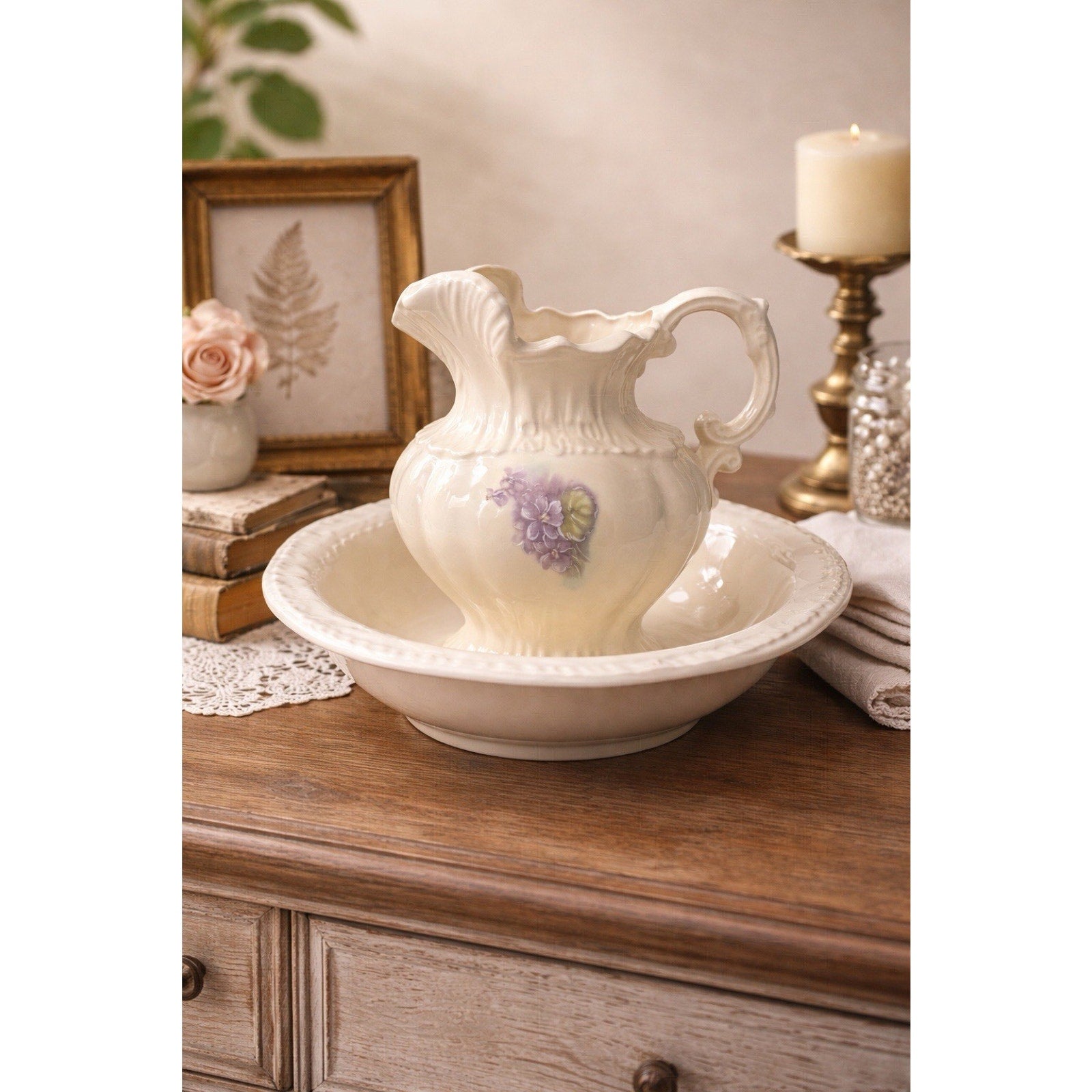 Vintage Arnel’s Pitcher and Basin Set Ivory Purple Floral USA Cottage Decor