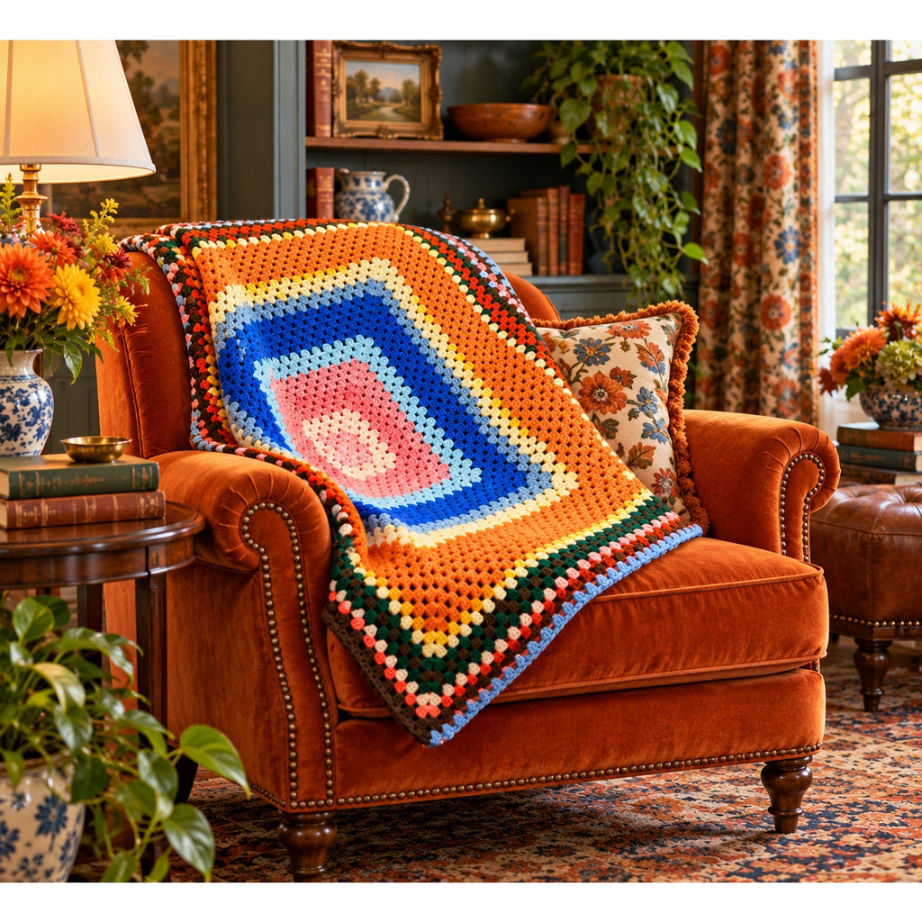 Vintage 1970s orange granny square crochet lap afghan, 39 inches