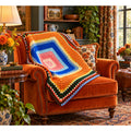 Vintage 1970s orange granny square crochet lap afghan, 39 inches