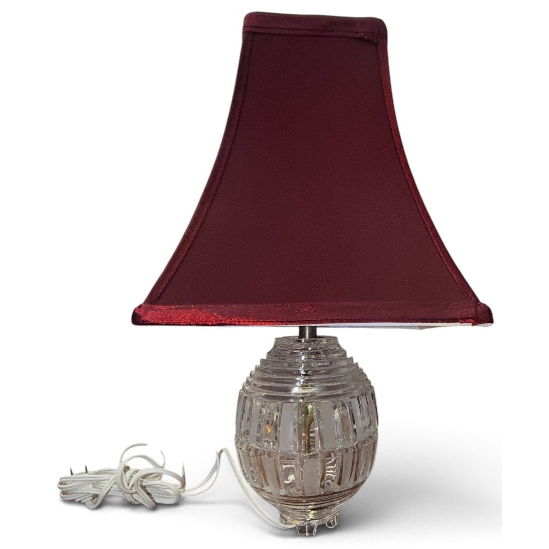 Vintage German Crystal Table Lamp Burgundy Silk Shade Hollywood Regency