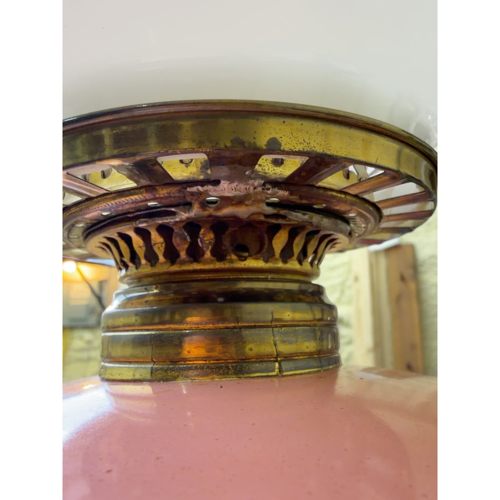 Antique Victorian 31" Banquet Lamp Hand Painted Pink Opal Glass Electric