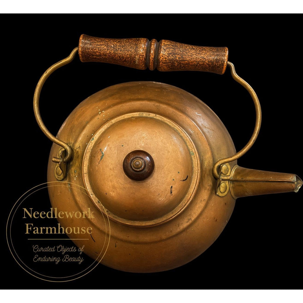 Antique Copper Tea Kettle Primitive Farmhouse Decor Wood Handle 1930s