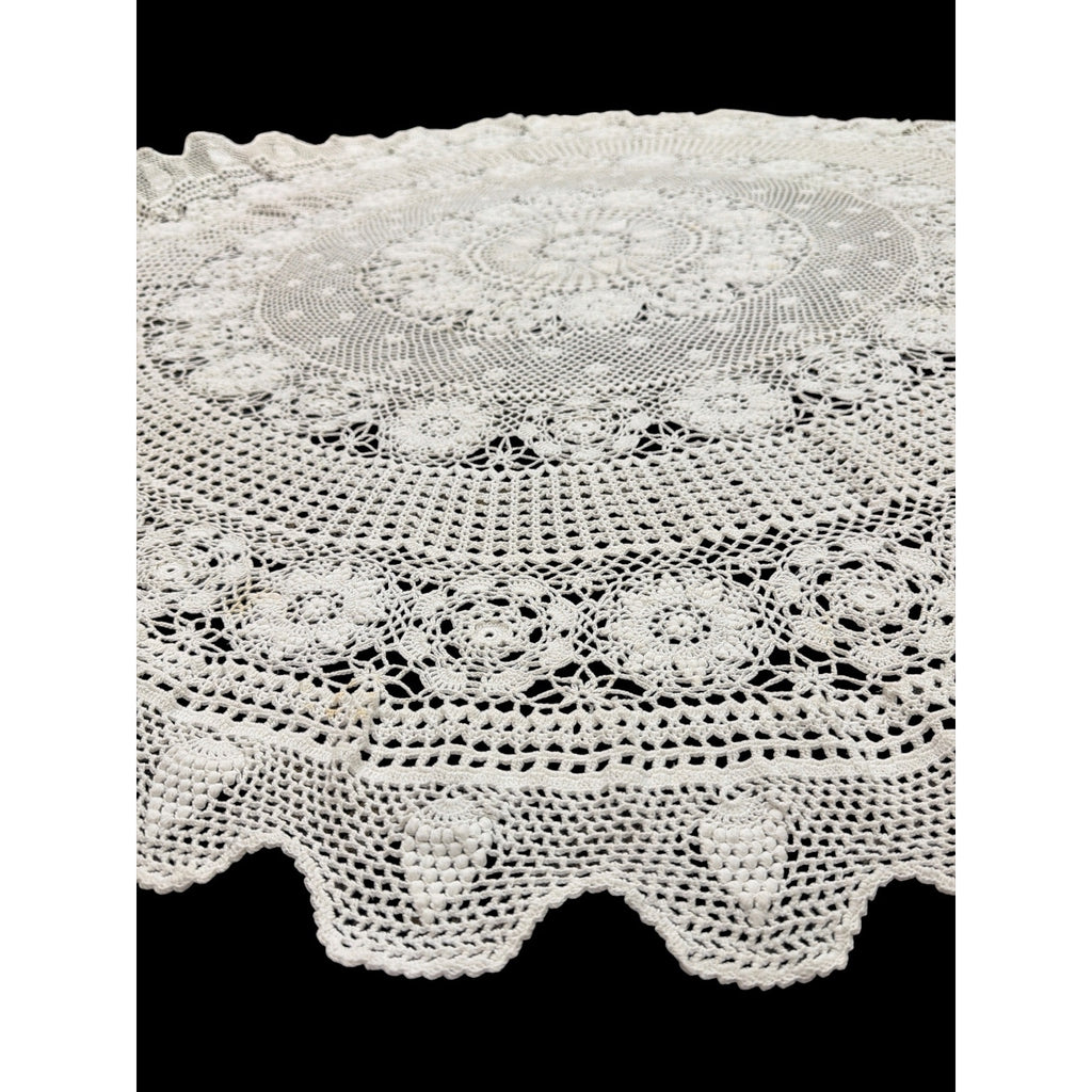 Vintage Hand Crochet Lace Tablecloth 57" Round Floral Wedding Table Linen – additional view 6