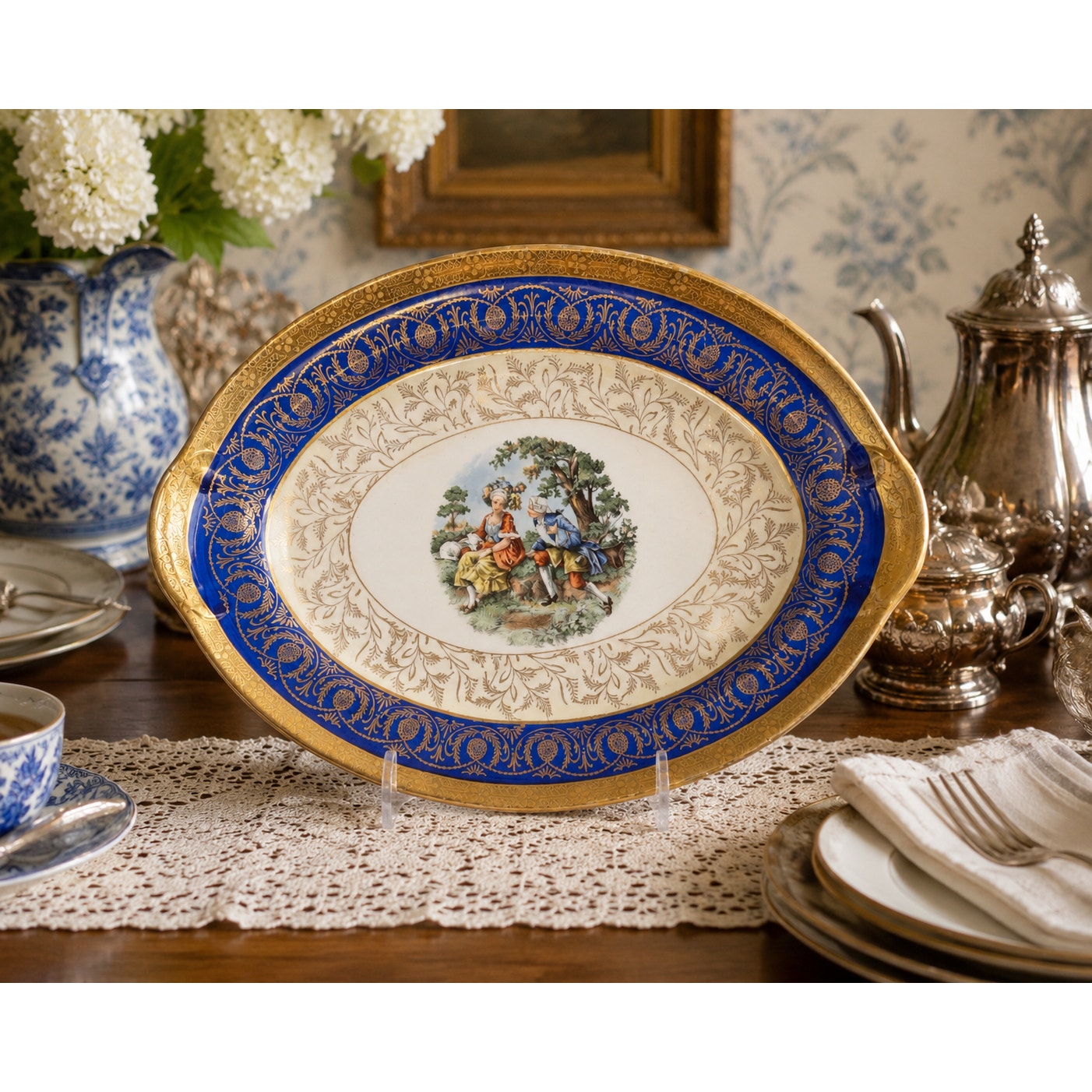 Taylor Smith Taylor Bromley Oval Serving Platter Cobalt Blue 22K Gold USA