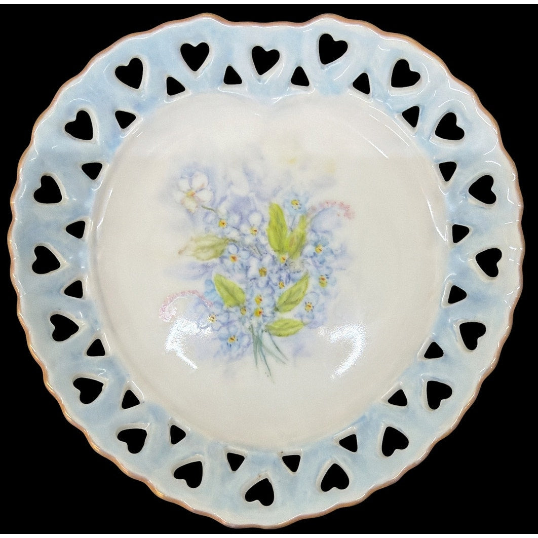 Vintage J.C. Tanner Porcelain Trinket Dish Pierced Hearts Blue Floral Gold – additional view 2