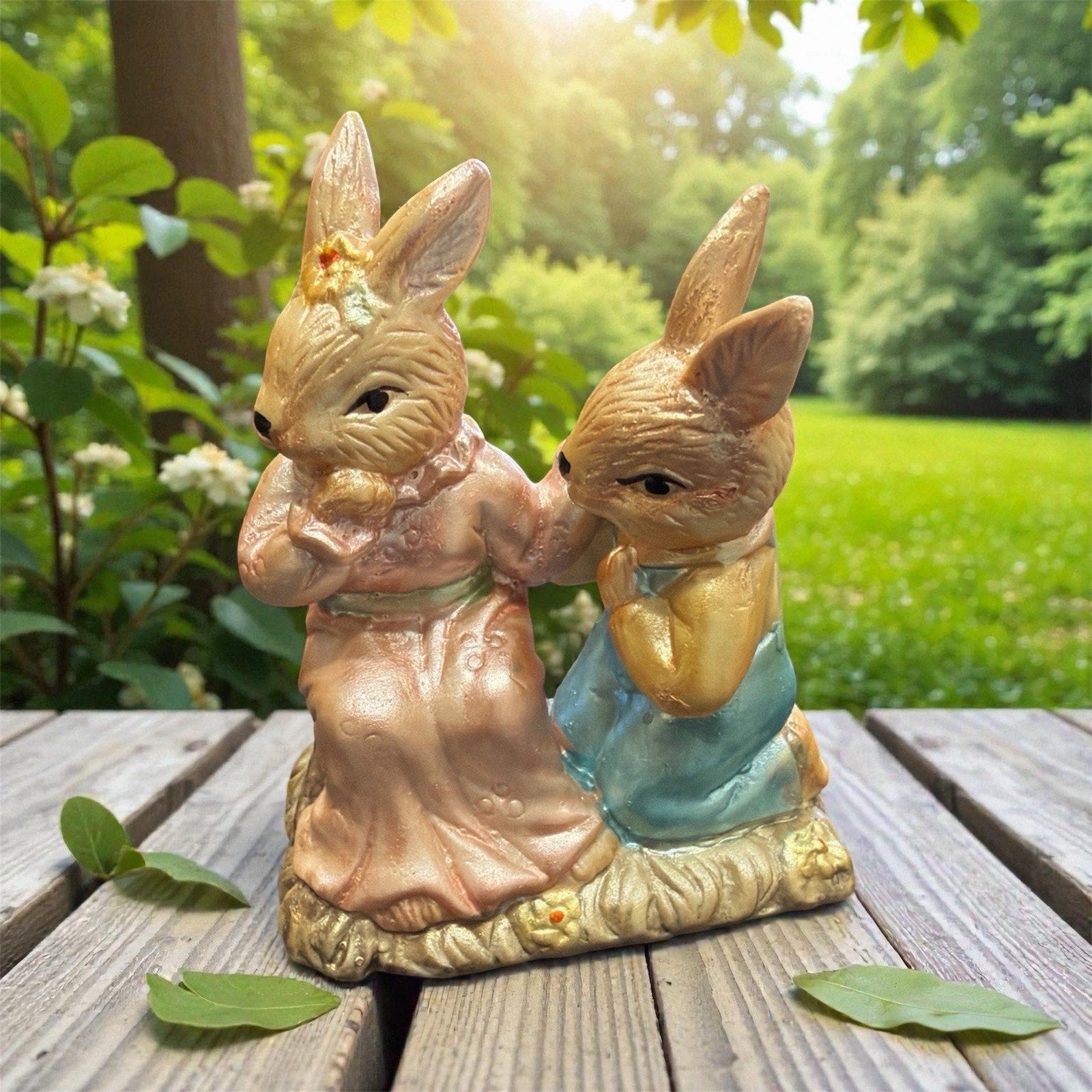 Vintage Ceramic Easter Bunny Couple Figurine, Pastel Rabbit Spring Decor