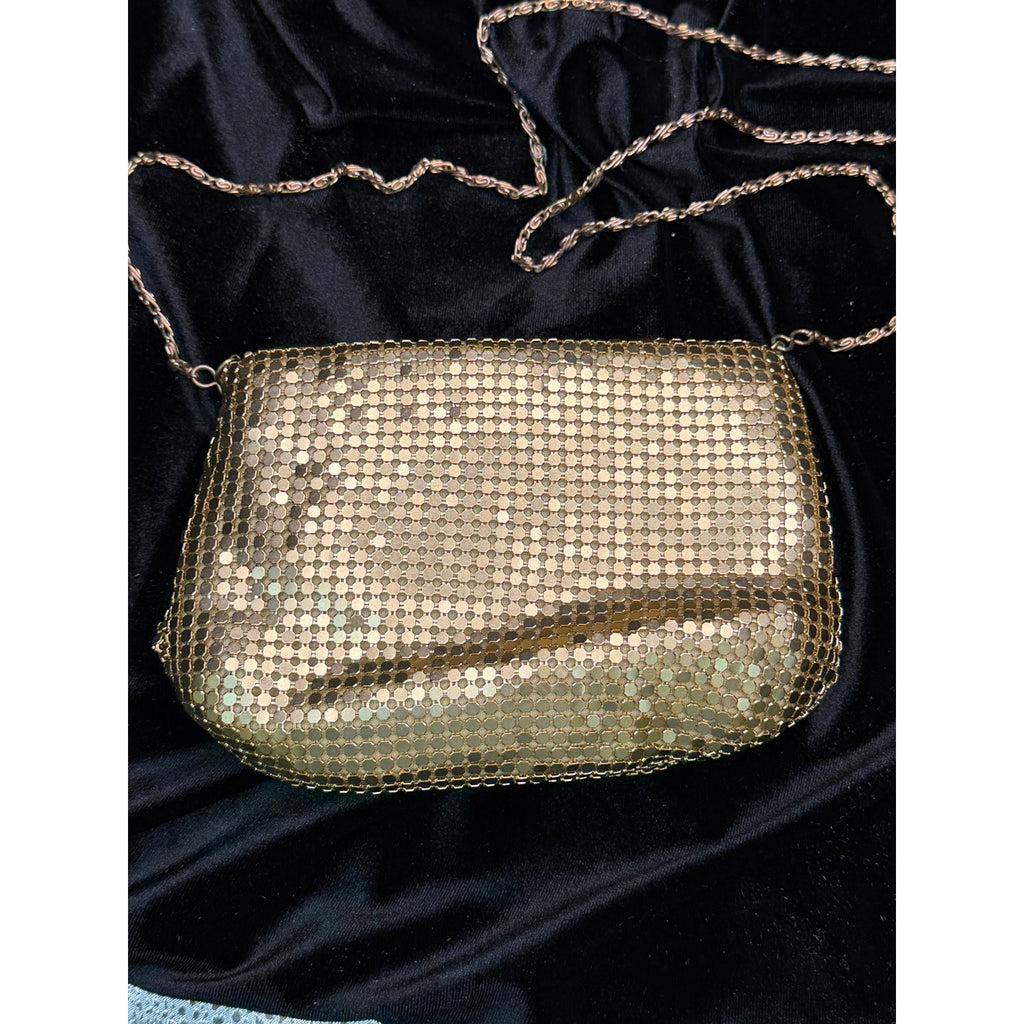 Vintage Gold Mesh Evening Bag Long Chain Purse Disco Cocktail Clutch