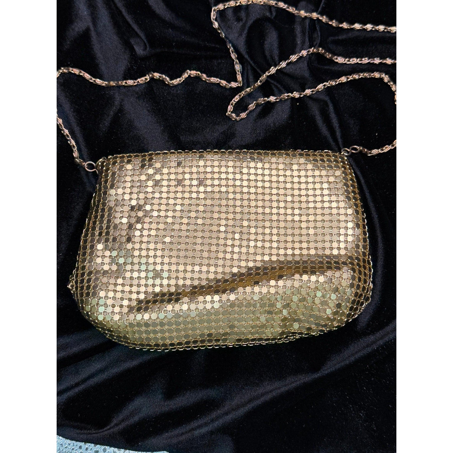 Vintage Gold Mesh Evening Bag Long Chain Purse Disco Cocktail Clutch
