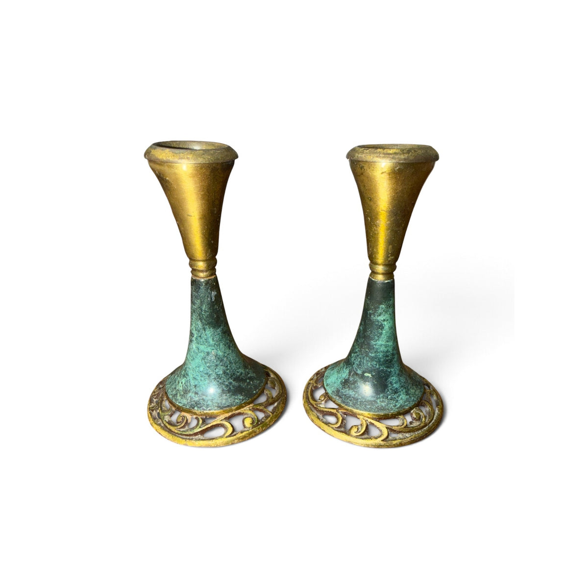 Vintage Oppenheim Israel Brass Candlesticks Turquoise Enamel Judaica Pair