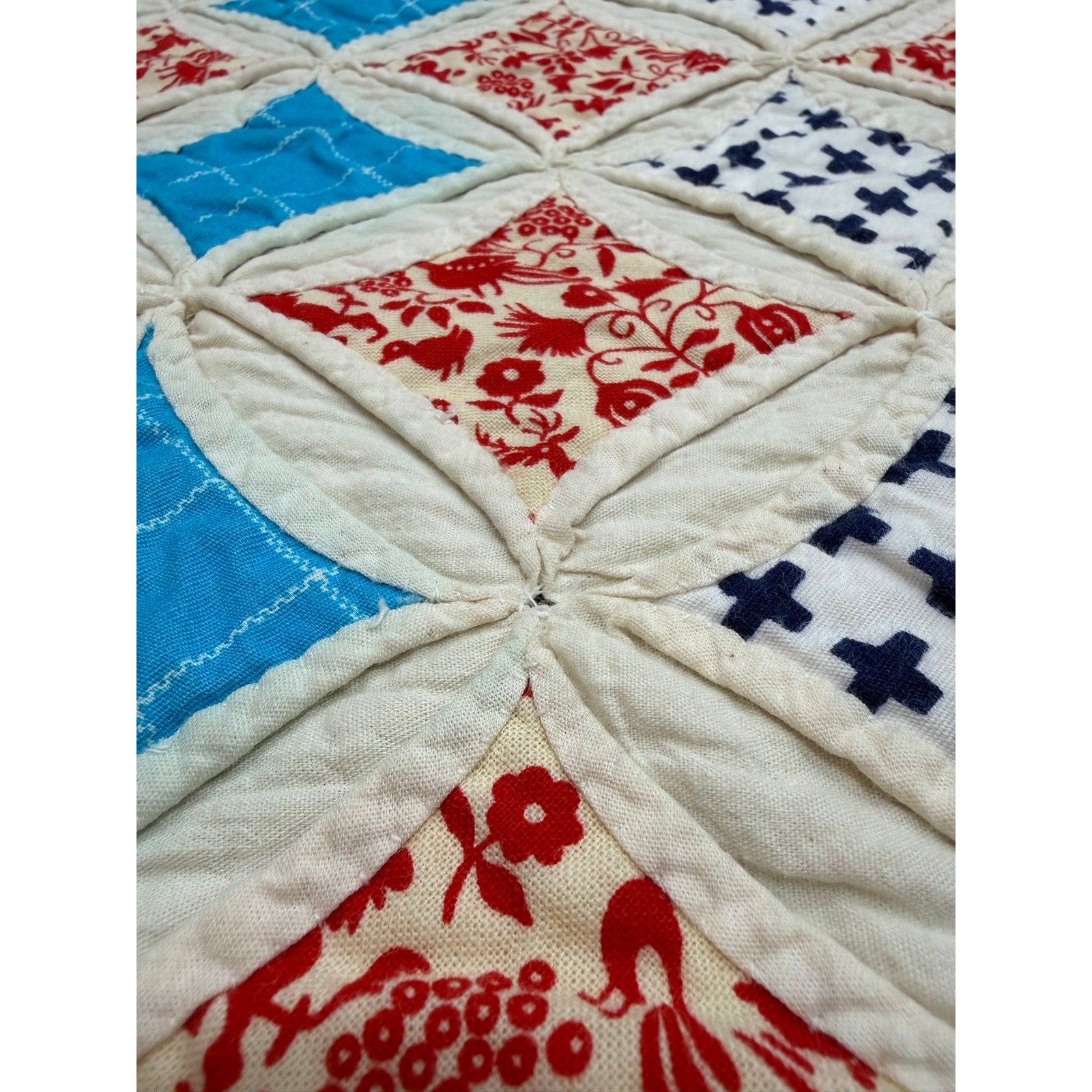 Vintage Hand Pieced Cathedral Window Quilt 60x76 Hand Stitched Cotton Quilt Throw Cottage Farmhouse Decor