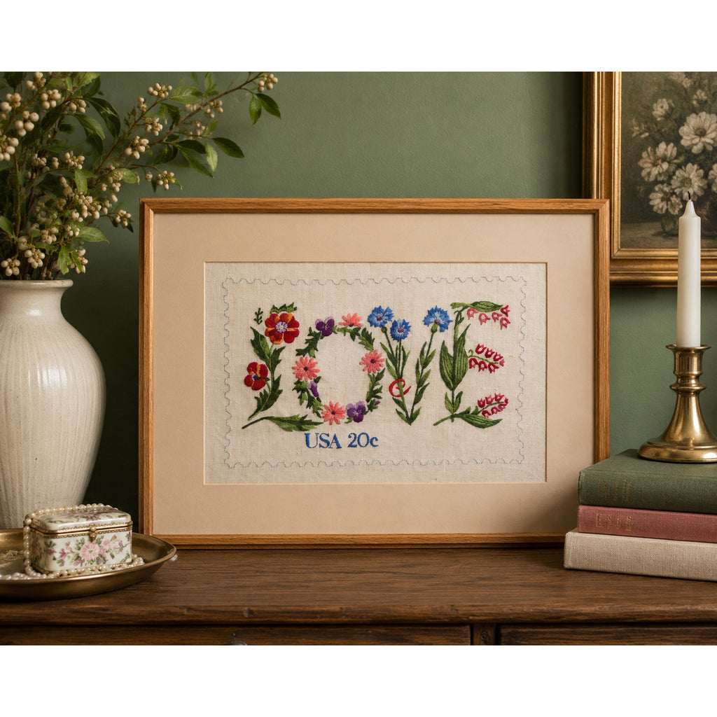 Vintage Framed Hand Embroidered LOVE Sampler Floral Needlework Wall Art