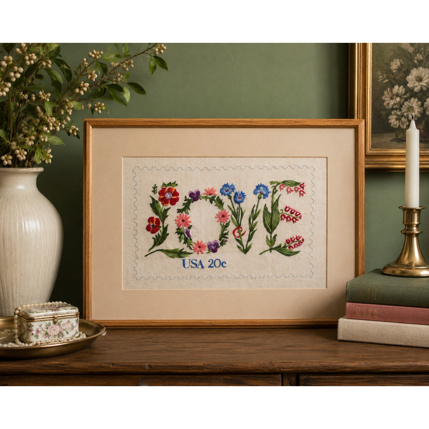 Vintage Framed Hand Embroidered LOVE Sampler Floral Needlework Wall Art