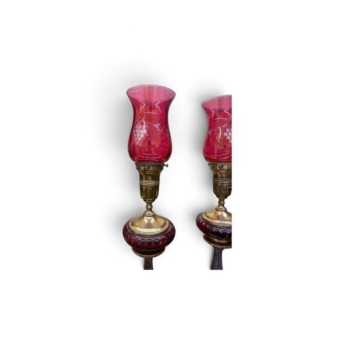 Pair Antique Victorian Ruby Cut Glass Lamps Brass Marble Bases 21.5"
