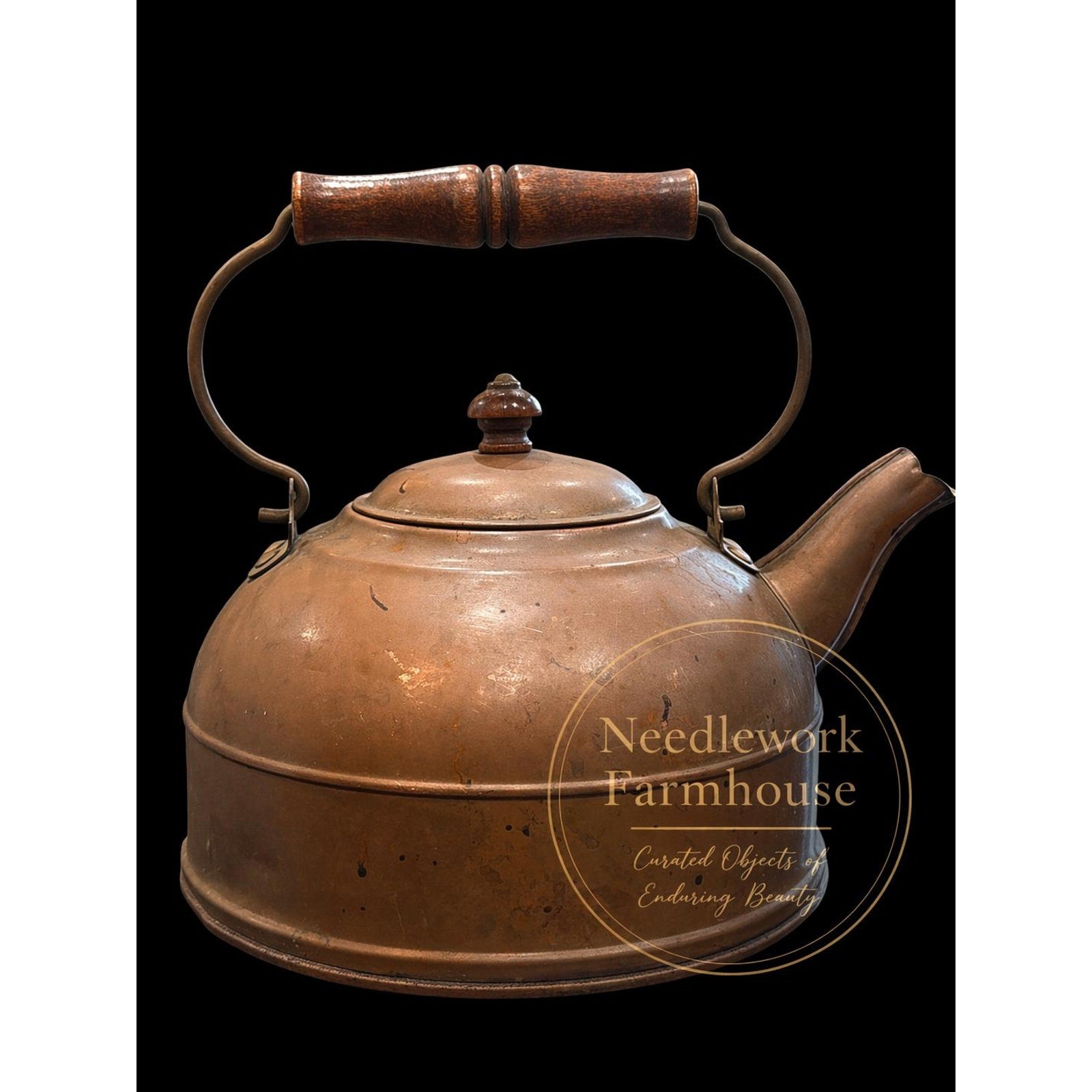 Antique Copper Tea Kettle Primitive Farmhouse Decor Wood Handle 1930s