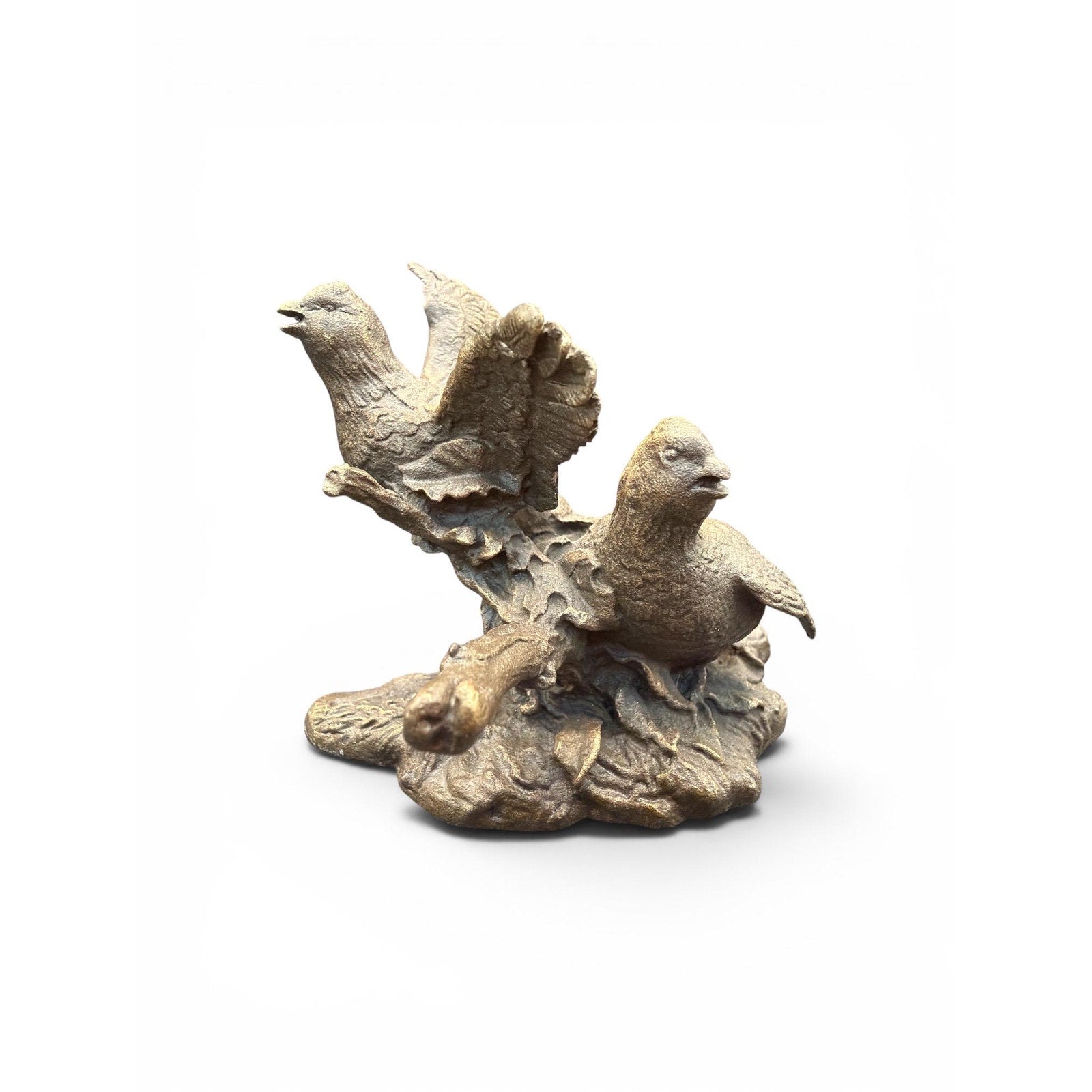 Vintage Brass Tone Bird Figurine Pair, Woodland Sculpture, Mid Century Style