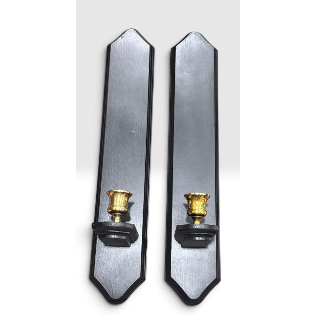 Vintage Black Wood Wall Sconces Solid Brass Candle Holders Pair W Candles – additional view 3
