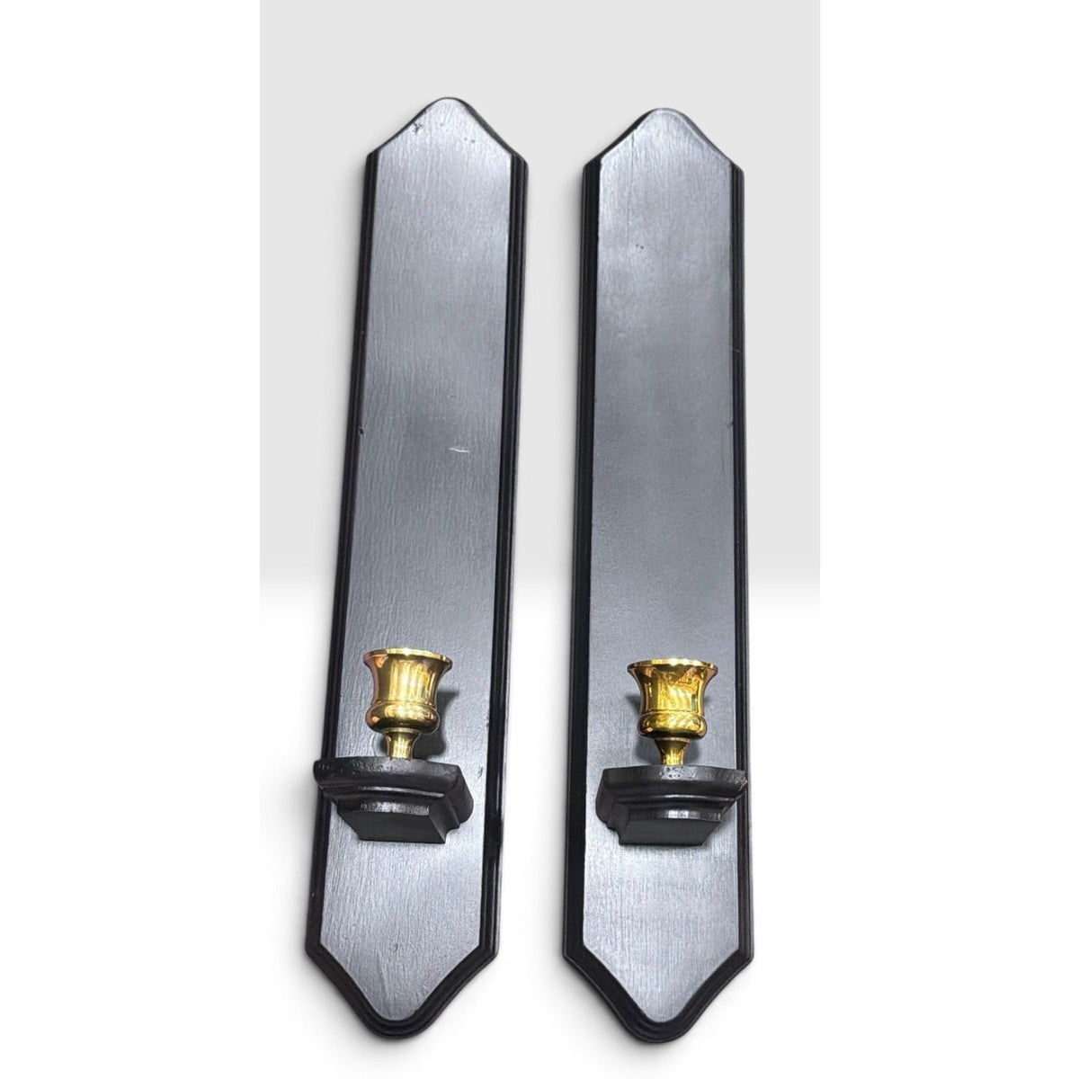 Vintage Black Wood Wall Sconces Solid Brass Candle Holders Pair W Candles – additional view 3