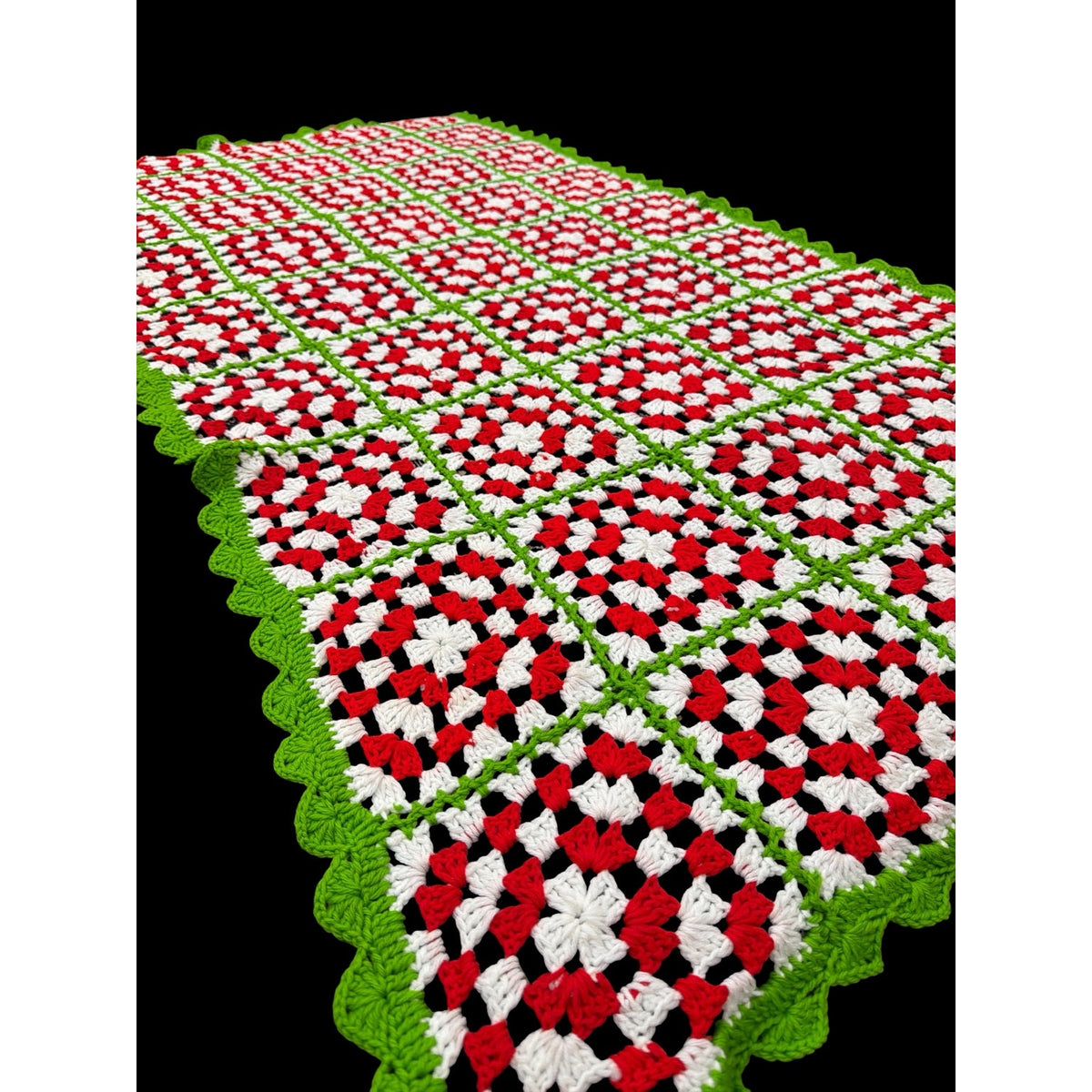 Christmas Crochet Afghan Red White Lime Green Granny Square Bed Throw 74 x 40