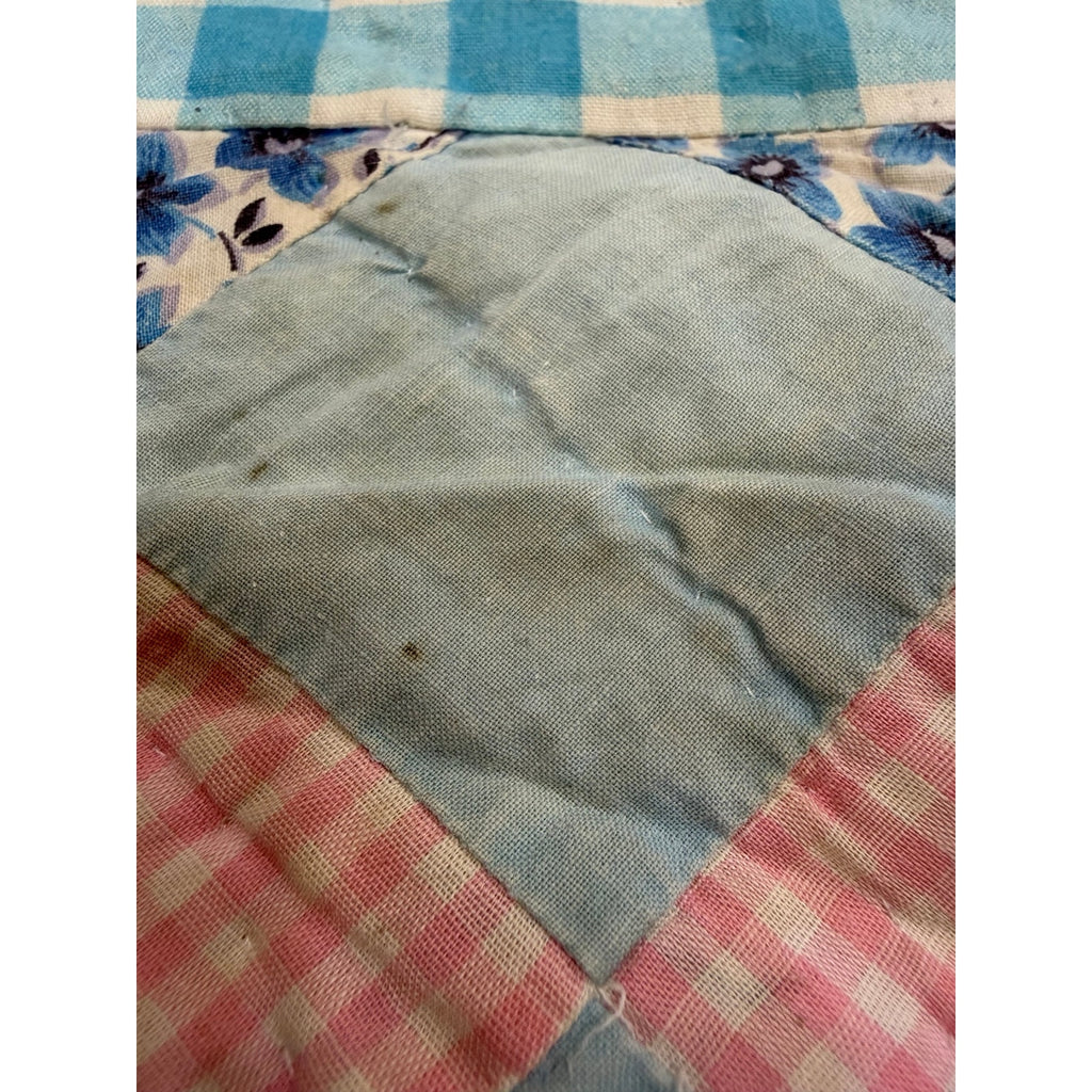 Vintage Hand Quilted 20-Piece Nine Patch Quilt Blue Gingham 66 x 77 – additional view 16