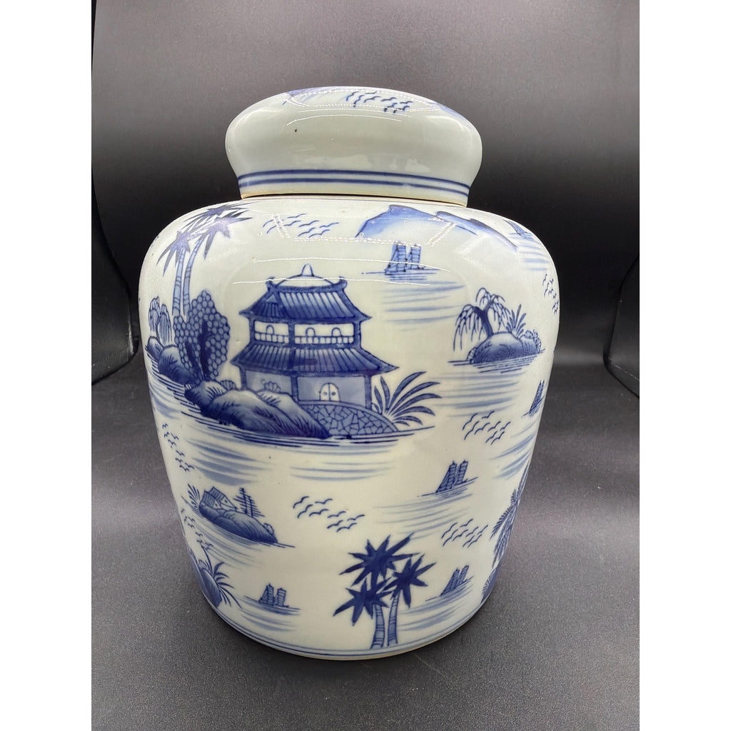 Large Vintage Blue White Chinoiserie Ginger Jar – 10 Landscape Vase