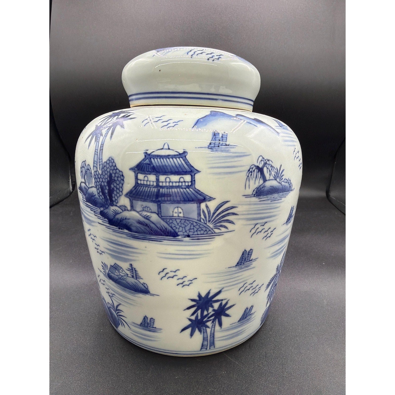 Large Vintage Blue White Chinoiserie Ginger Jar – 10 Landscape Vase