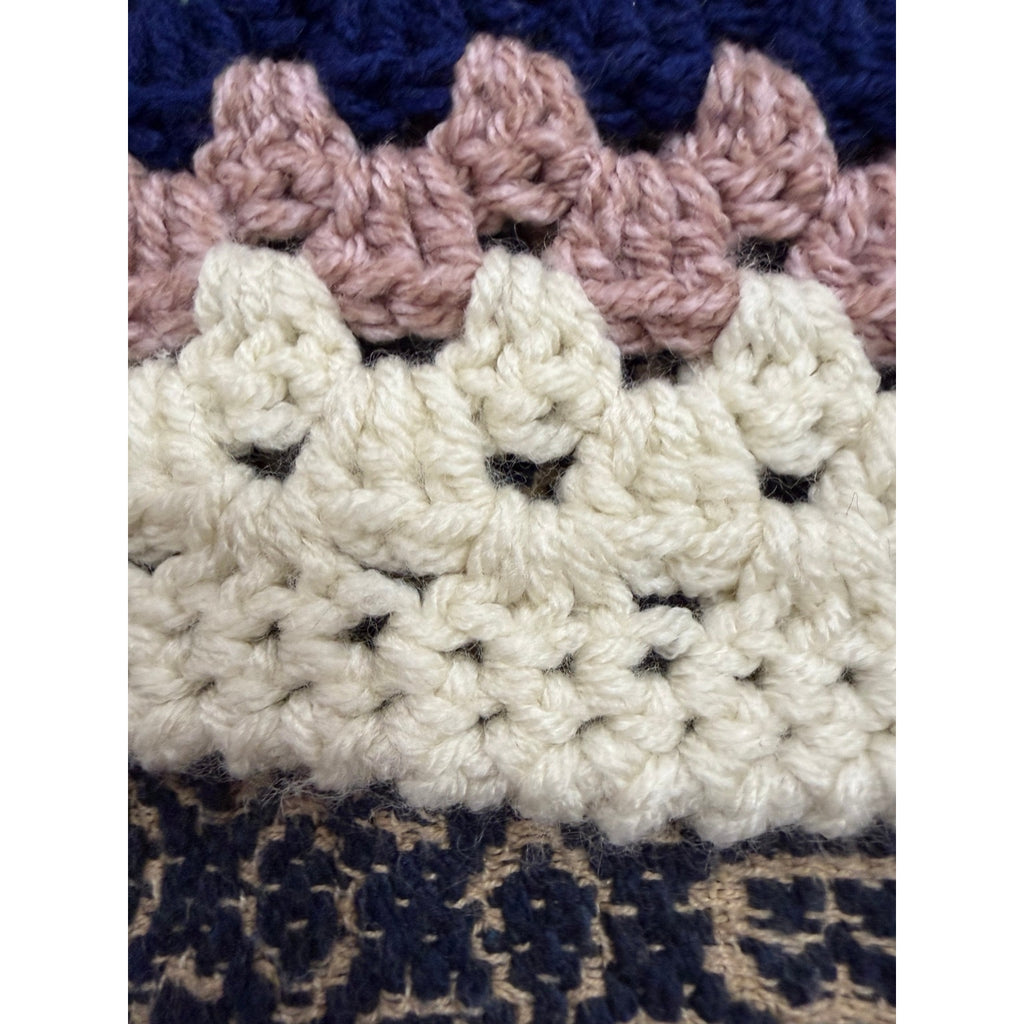 Handmade Crochet Lap Afghan Blanket Granny Square Ivory Navy Mint Pink 38"