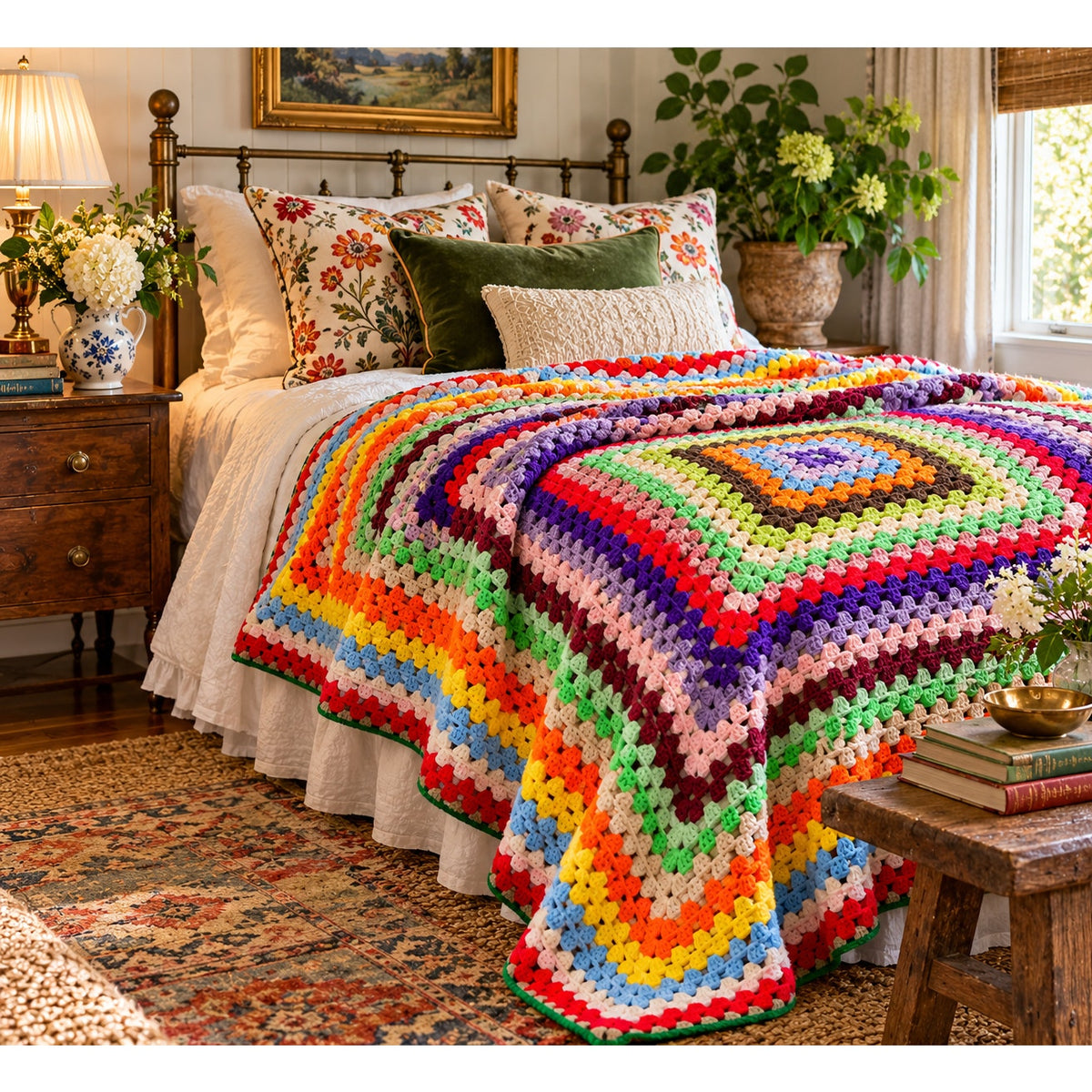 Vintage technicolor granny square crochet afghan blanket, 60 x 76 inches