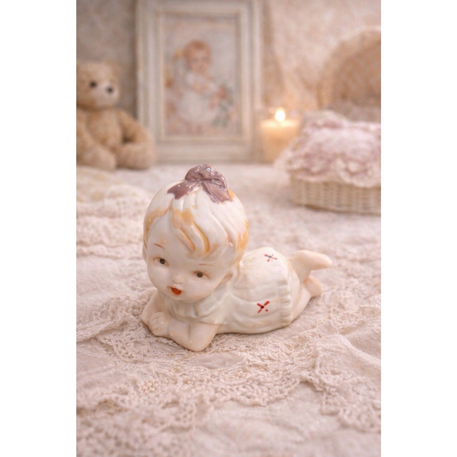 Vintage Bisque Crawling Baby Figurine Mid Century Nursery Decor