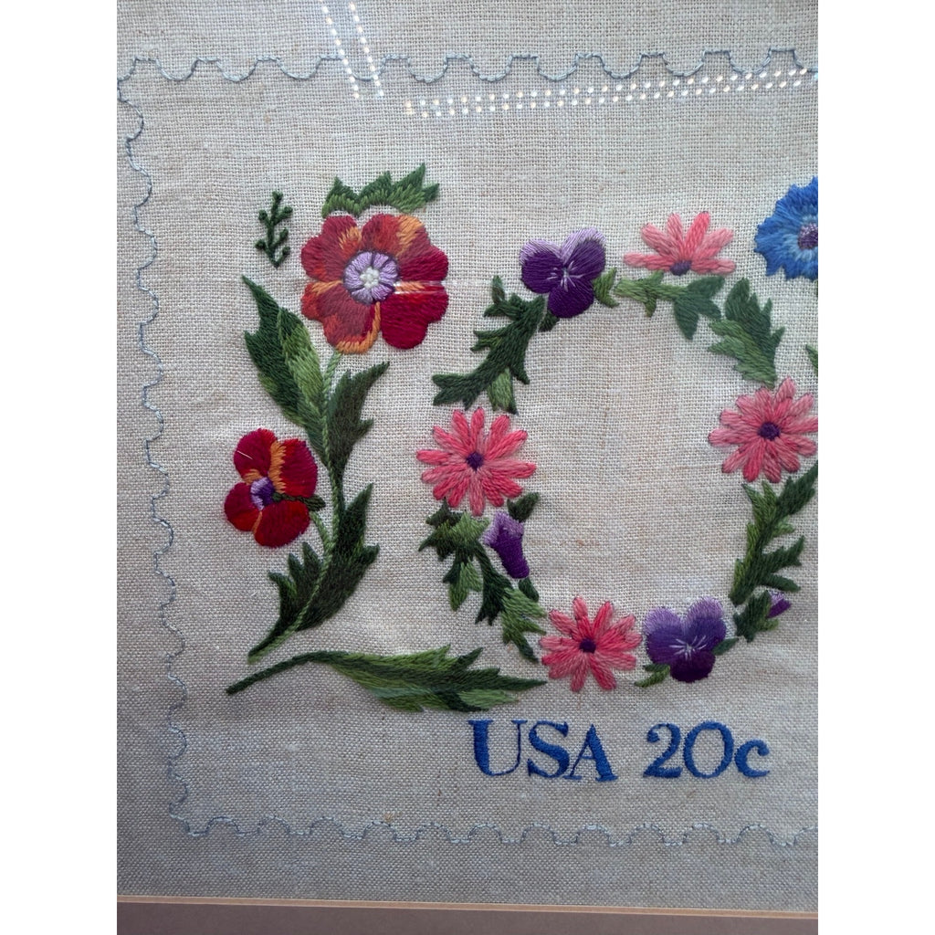 Vintage Framed Hand Embroidered LOVE Sampler Floral Needlework Wall Art