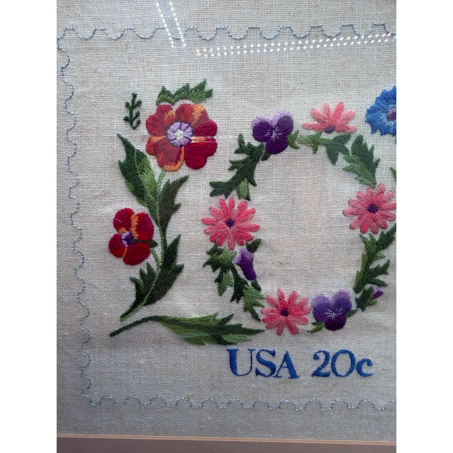 Vintage Framed Hand Embroidered LOVE Sampler Floral Needlework Wall Art