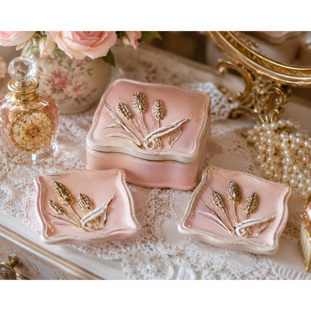 Vintage Lefton Pink Wheat Vanity Set 3 Piece Trinket Box Dresser Tray 1956