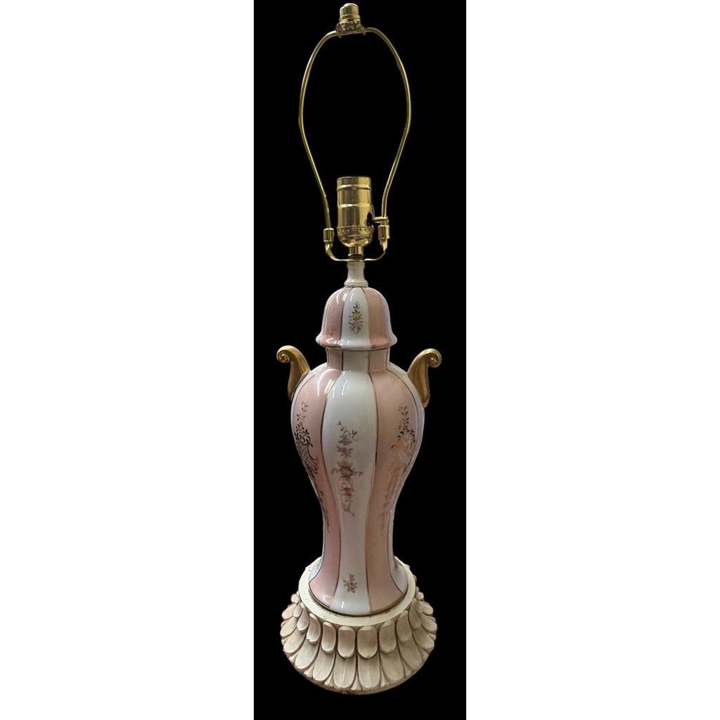 Vintage Pink Floral Ceramic Urn Table Lamp Rewired Pink Bell Shade
