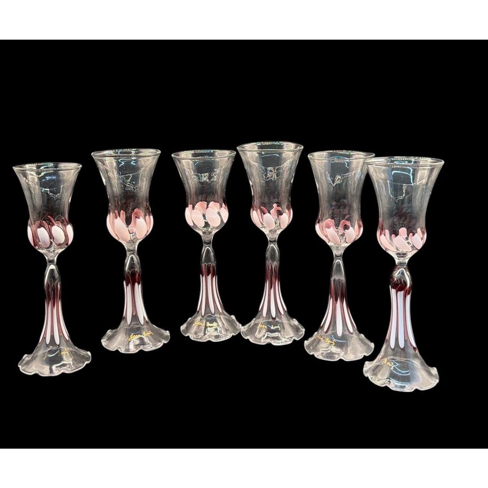 Jean Boutz Hand Blown Art Glass Goblets Set 6 Pink Signed Stemware