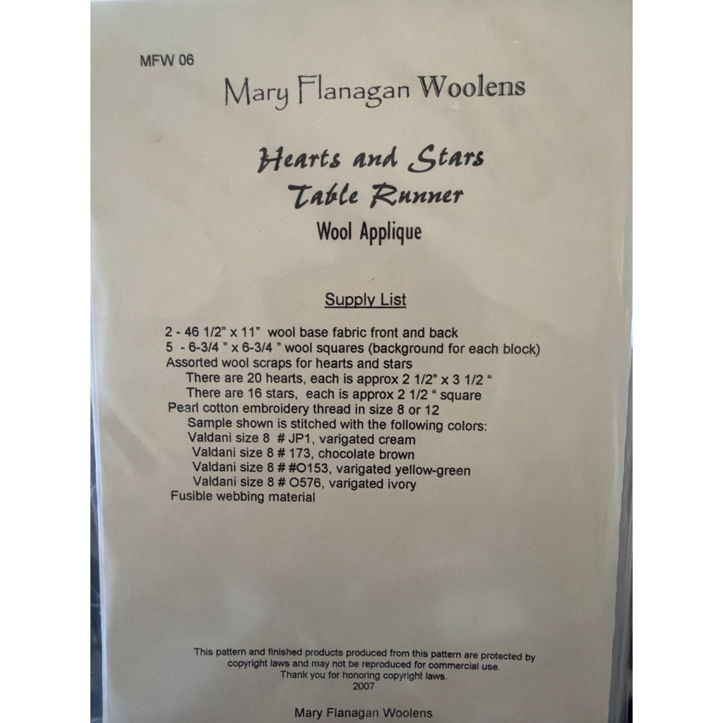 Mary Flanagan Hearts and Stars Table Runner MFW 06 Wool Pattern
