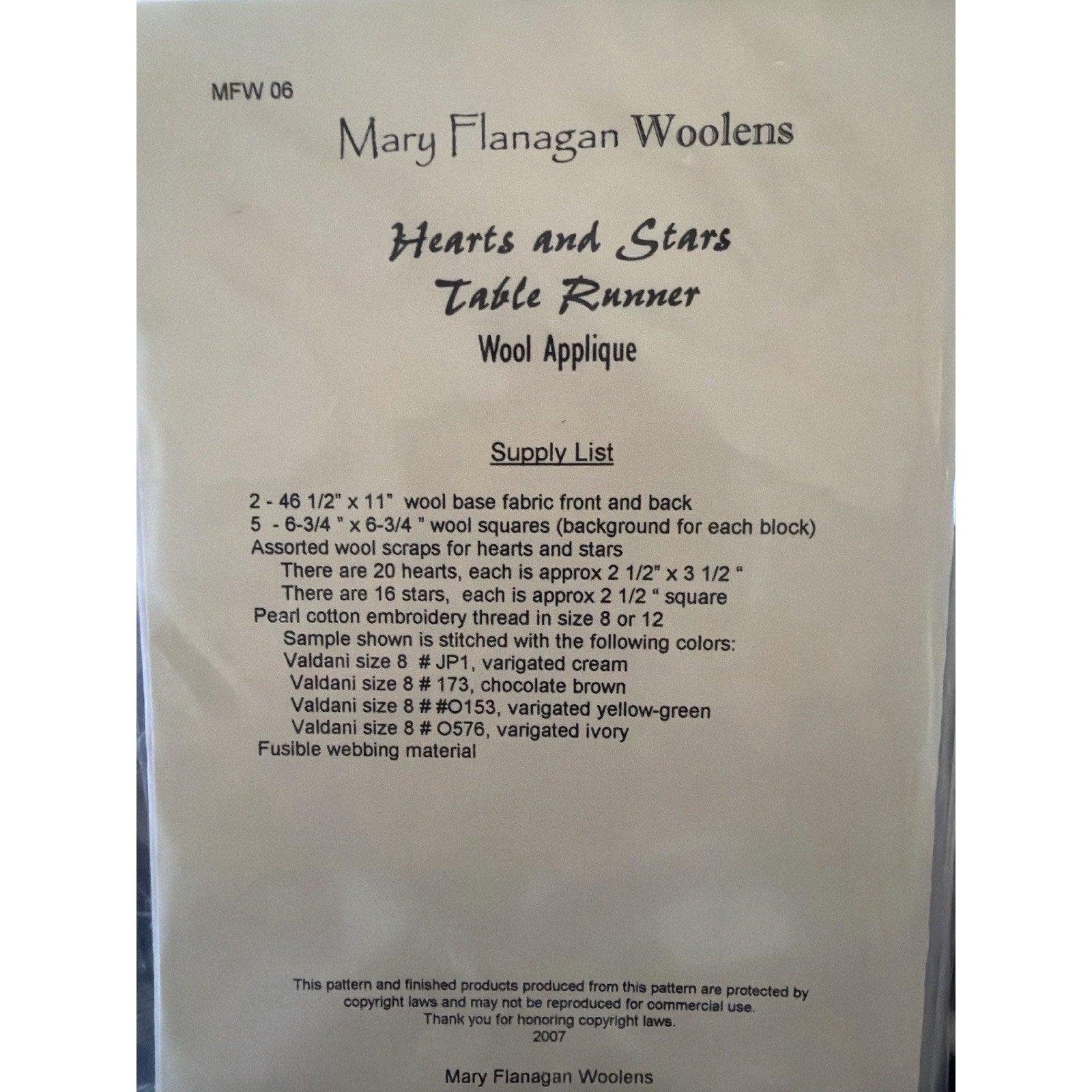 Mary Flanagan Hearts and Stars Table Runner MFW 06 Wool Pattern